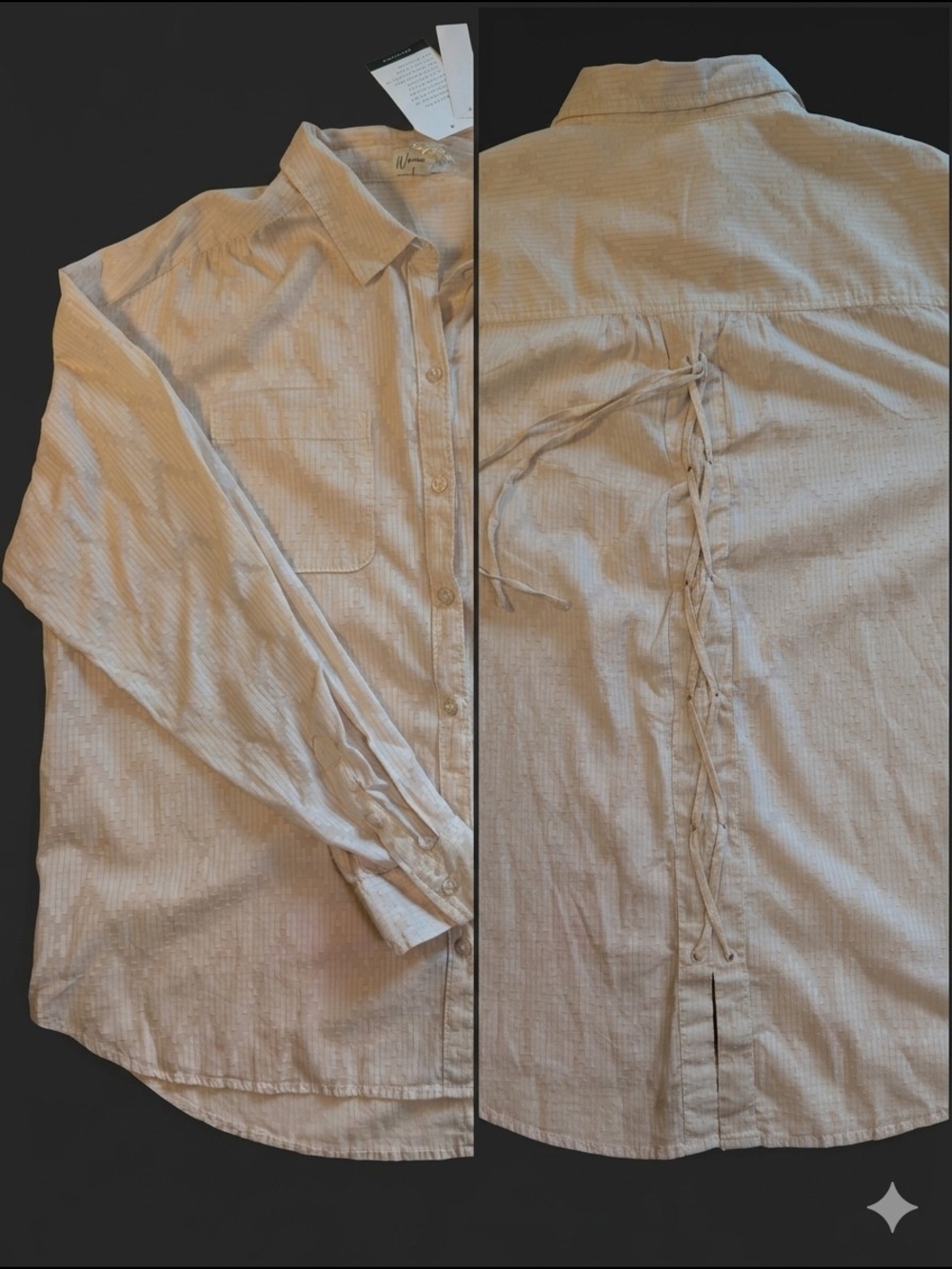 Wonderly Lace Up Back Button Down Shirt XL NWT Boho Textured Coconut Tan